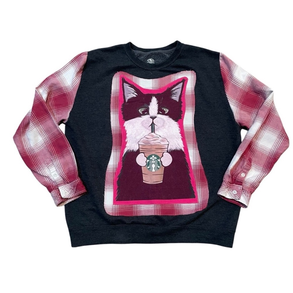 Unique One of a Kind Flannel Sleeve Cat Drinking Coffee Sweatshirt Size M